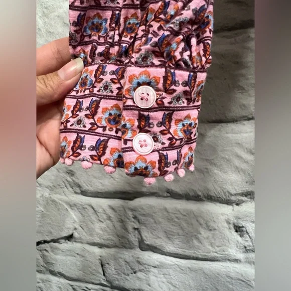 Boden Floral Printed Pink Jersey Blouse Long Ballon Sleeve Boho Button Up Top - Picture 6 of 9